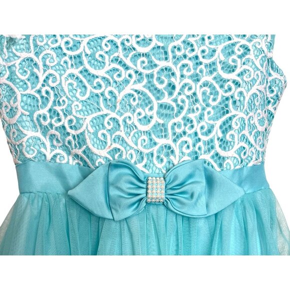 Jona Michelle Girls Sleeveless Lace & Tulle Dress With Bow Detail Size 10 Aqua B - Picture 2 of 5